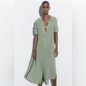 🌿 Zara 100% Linen Midi Shirt Dress — Size M